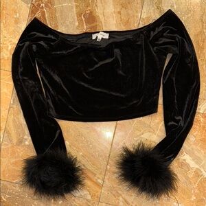 Black Off-Shoulder Velvet Top with Faux Fur Cuffs